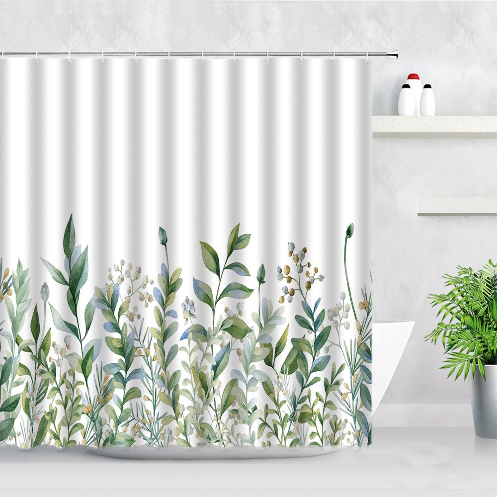 Natural Floral Shower Curtains Flowers Green Leaf Butterfly Water Color Art Nordic Modern Waterproof Bathroom Decor Curtain