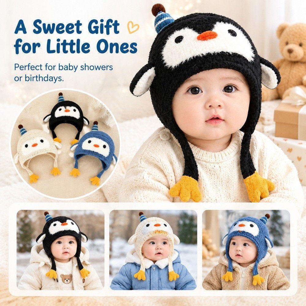 Fleece Lined Penguin Baby Hat Soft Knitted Baby Winter Cap Cartoon Kids Hat Boy Girl Unisex