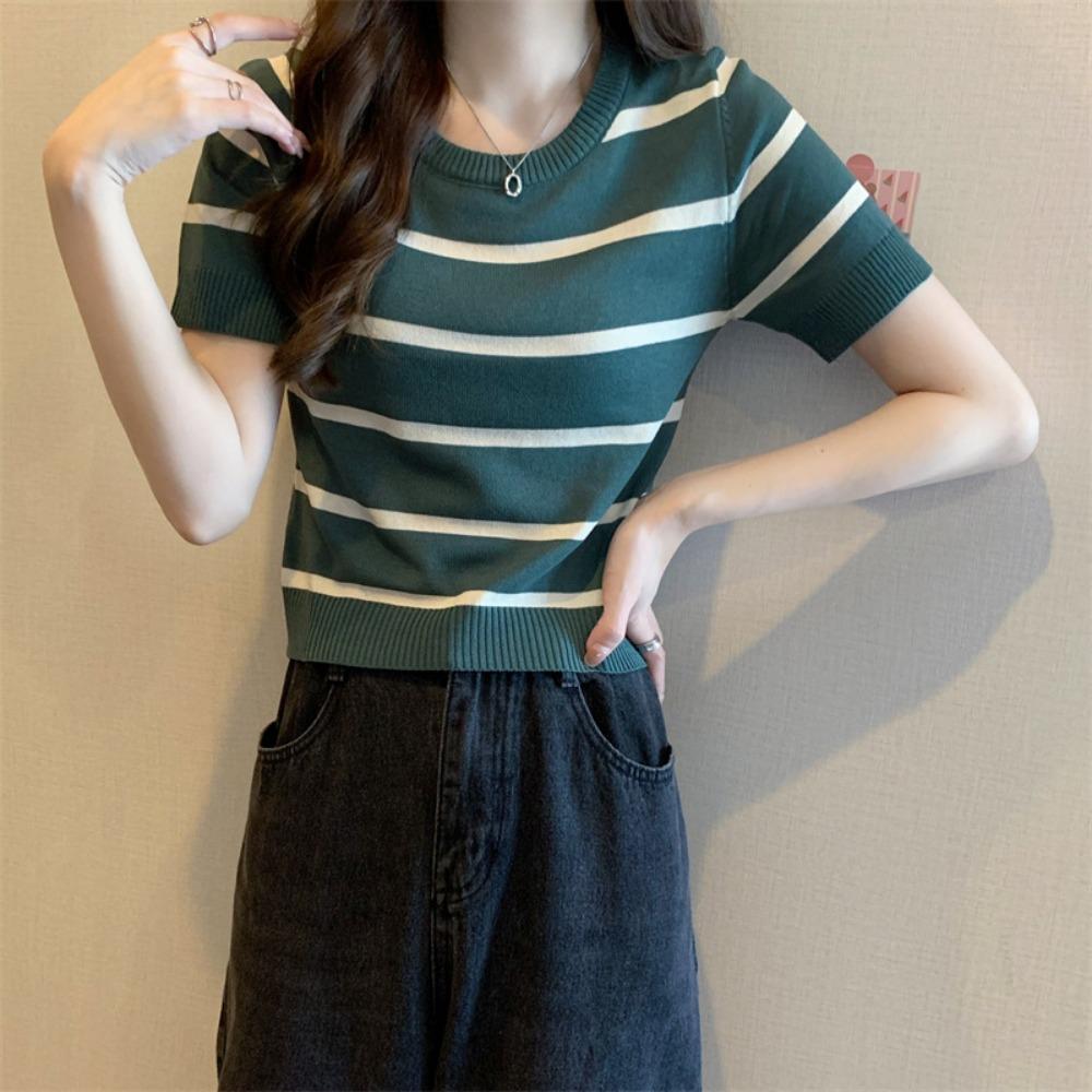 Striped Knitted Short SleeveTWomen's Summer T-shirt2023New Design Sense Niche Slim-Fit Slimming Shoulder Short Tops