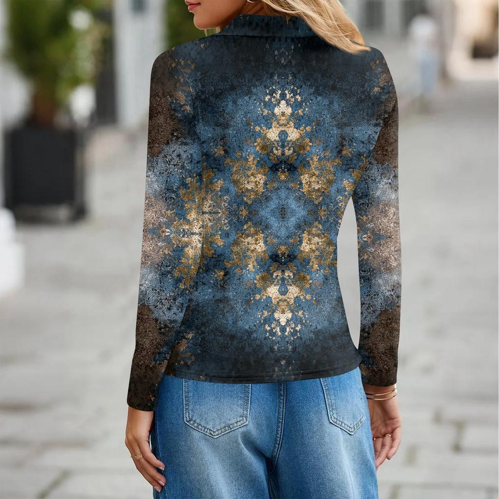 Damenmode Casual Revers Kurze Langarm Print Shirt Damen Button Up Tops