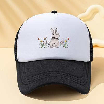 Rabbit Floral Print Trucker Hat Unisex Casual Baseball Cap Breathable Mesh Back Summer Outdoor Cap