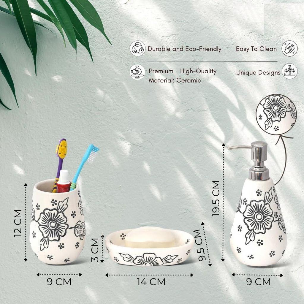 Premium Ceramic Bathroom Accessories Set of 3 | Modern Luxury Bath Set with 300ml Soap Dispenser, Toothbrush Holder & Soap Dish | Home Decor Items