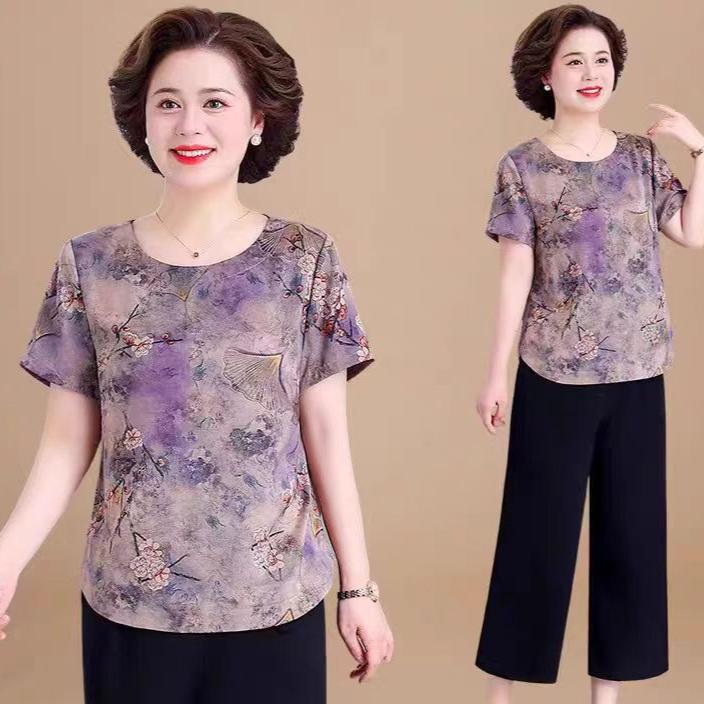 

Ice Silk Floral Print Blouse for Middle-Aged Women, Summer Short Sleeve T-Shirt, Loose Round Neck Casual Top M