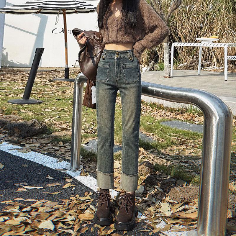 Women s Retro High-Waisted Slimming Cigarette Jeans - Color Block, Double Button, Stretch, Straight Leg, Pear Shape. M