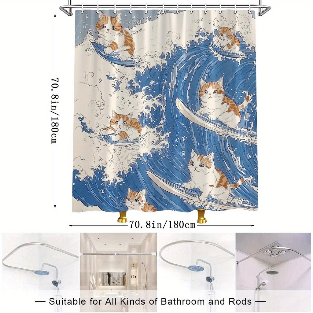 Shower Curtain - Ginger Tabby Kittens Surfing, Ukiyo-e Style, Vibrant Colors, Polyester,  Playful Bathroom Décor