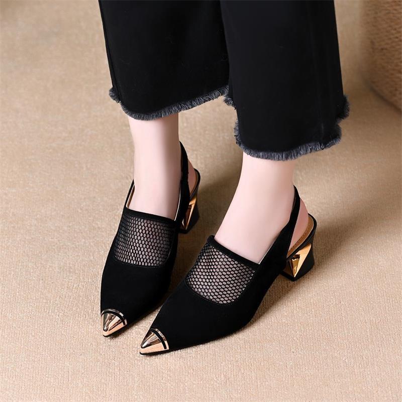 

Mesh bag head back empty sandals women s 2025 summer low heel pointed back empty single shoes hollow breathable thick heel fashion shoes 40