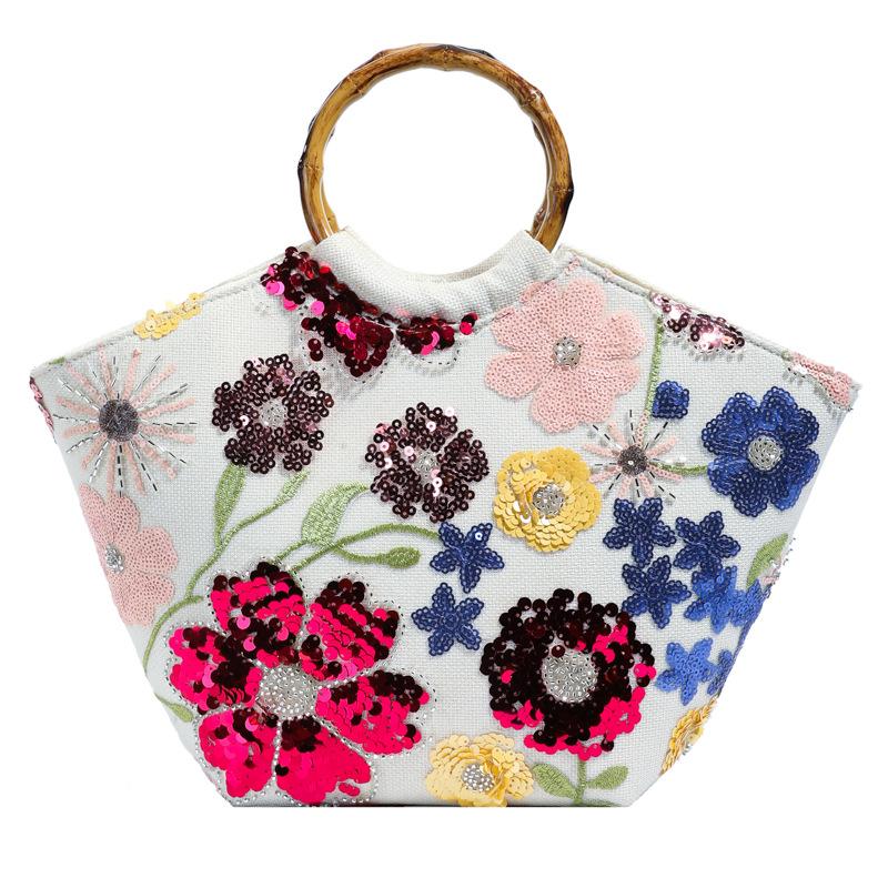 New Chinese Style Bamboo Knot Handbag for Women, New Mesh Embroidery Sequin Decal Holiday Style Tote Bag
