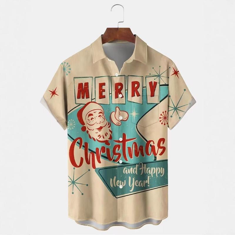 Autumn and Winter Men's Short Sleeved Shirt New Year's Christmas Pattern Digital Printed Shirt Top Men's Casual Shirt