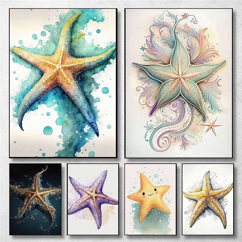 Different Styles Of Cute Starfish Sea Wall Art Canvas Painting Cartoon Colors Poster Wall Pictures Home Decor For Living Room