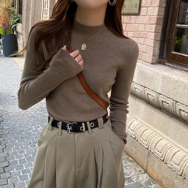 Fashion Casual Semi-turtleneck Knitted Sweater Women's Autumn and Winter Bottoming Shirt New Elegant Casual Simple Slim Fit Solid Long Sleeved Top