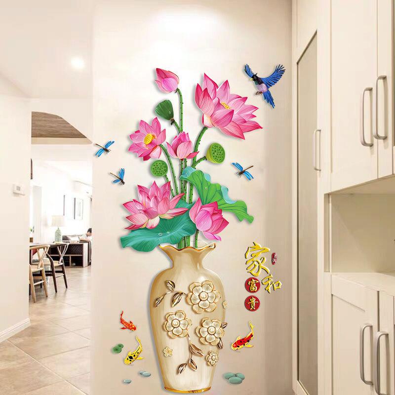 Lotus Vase Self-Adhesive Living Room Bedroom Decoration Wall Stickers Tv Background Wall Chinese Style Porch Stickers Quality