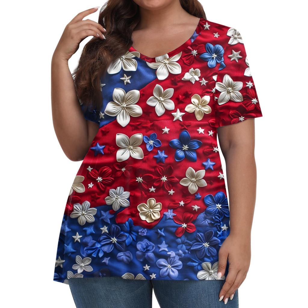 Damenmode Lässig V-Ausschnitt Pullover Kurzarm Übergröße Bedrucktes T-Shirt Top