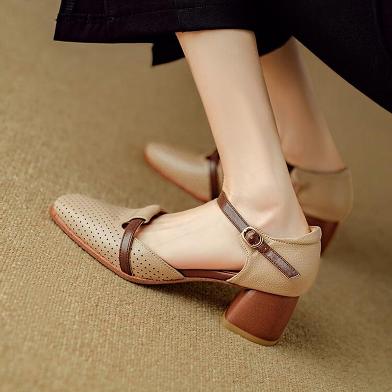 Fashion NEW Summer Women Sandals Split Leather Shoes for Women Square Toe Chunky Heel Shoes Plus Size Cover Toe Slingback Hollow Sandals