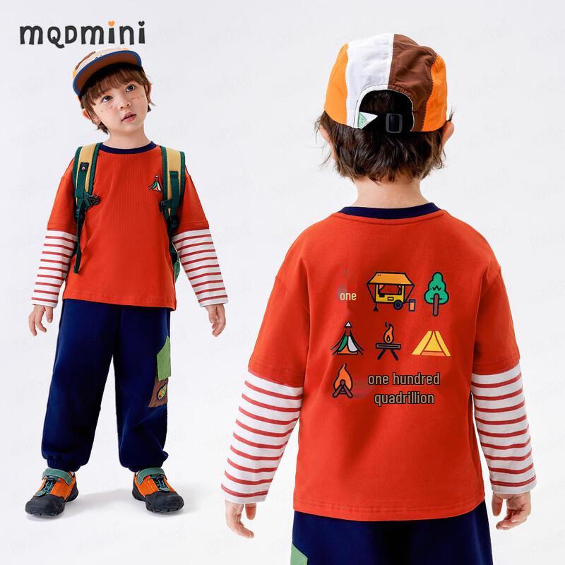 MQDMINI Boys' 5A Antibacterial Striped Long Sleeve Faux Two-Piece T-Shirt