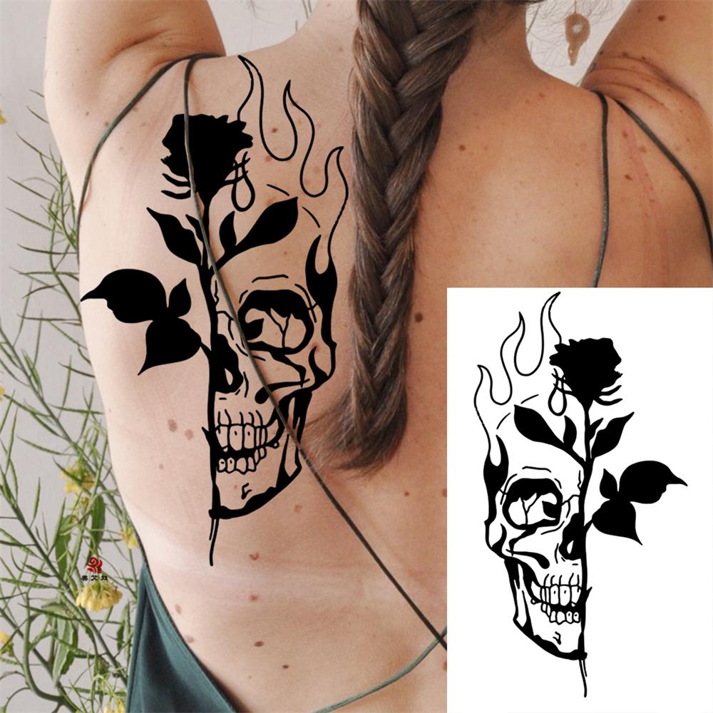 Death Skull Flower Temporary Tattoo For Women Girls Snake Bird Peony Tattoo Sticker Black Fake Blossom Sexy Tatoo Transfer Adult
