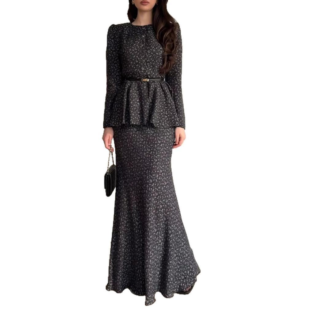 Cross-border European and American women's clothing  Amazon casual fashion round neck belt lady long sleeve hip skirt two pieces