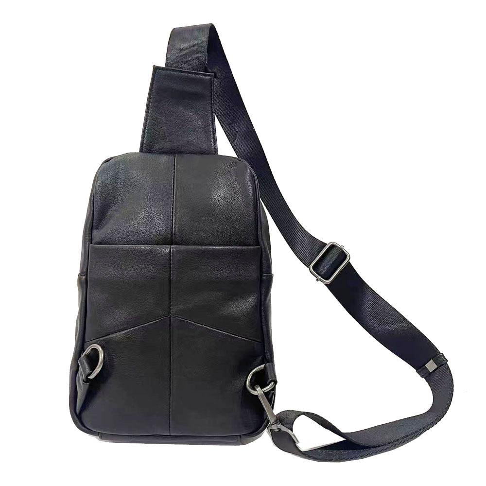 Men'S Breast Bag, Genuine Leather Men'S Bag, Casual Shoulder Bag, Large Capacity Messenger Bag, Black Cowhide.