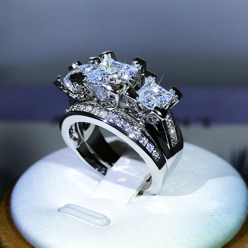 Sterling Silver Luxury Crystal Square Rings With Big Stone Bridal Wedding Engagement Ring Female Zircon Ring for Women