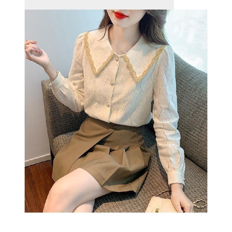 Doll Collar Chiffon Blouse for Women, New Spring and Autumn 2026 Fashionable and Stylish Lace Base Shirt