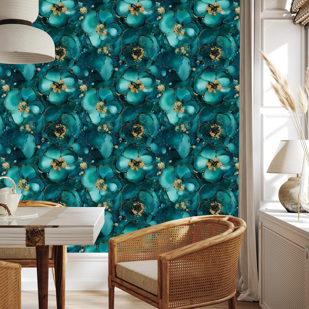 Ink Wallpaper Turquoise, Sea Blue and Yellow for Living Room and Bedroom 50x1000
