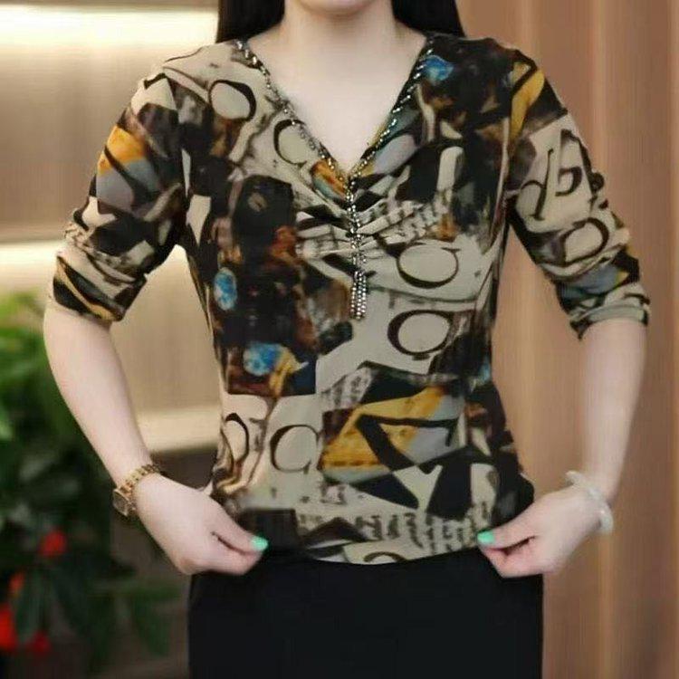 2026 Spring Elegant V-Neck Long Sleeve Printed Stretch Mesh T-Shirt for Women