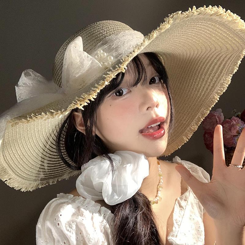 Women's Summer French Style Lace Bowknot Straw Hat Wide Brim Sun Protection Hat Beach Vacation Sun Hat Fashionable Headwear for Seaside Trips