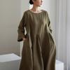 Loose Plus Size Cotton Linen Round Neck Pullover Dress - Japanese & Korean Style, Solid Color, Knee-Length Swing Skirt.