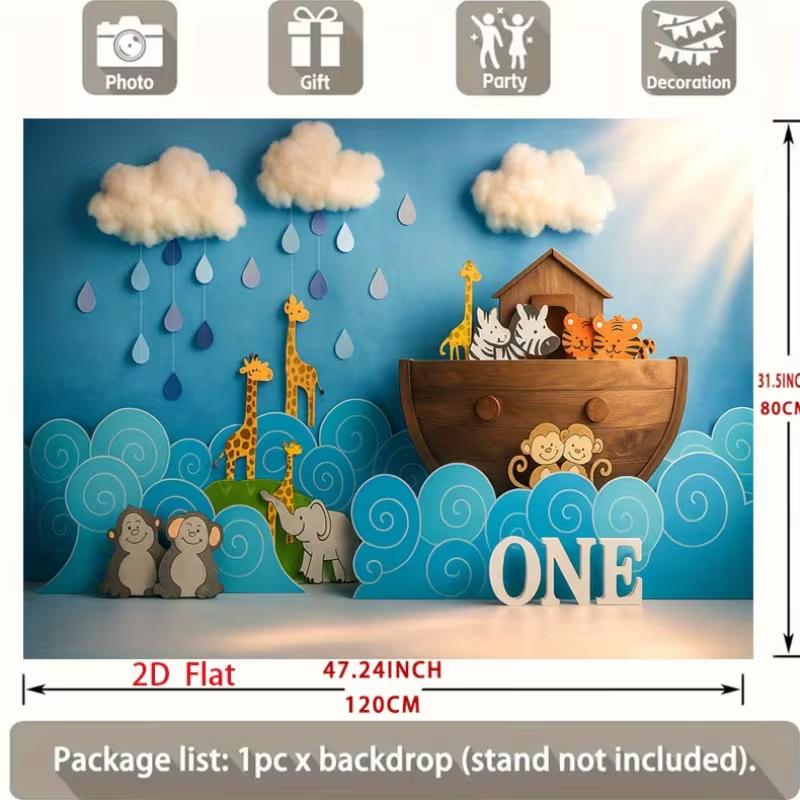2D Noah's Ark Theme Backdrop ONE Birthday Kids Photography Background