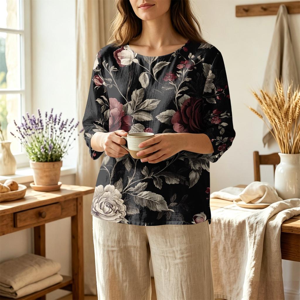 Blusa da Donna Casual con Stampa Floreale, Girocollo, Manica a Tre Quarti, Lino e Cotone, Top Leggero e Comodo per l'Uso Quotidiano