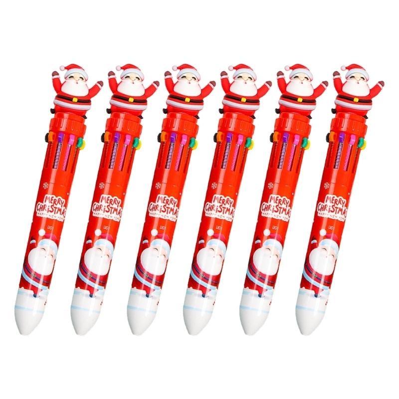 W89C 6x Multicolor Ballpoint Pen 10 in 1 Cartoon Christmas Ballpoint Pen for Party