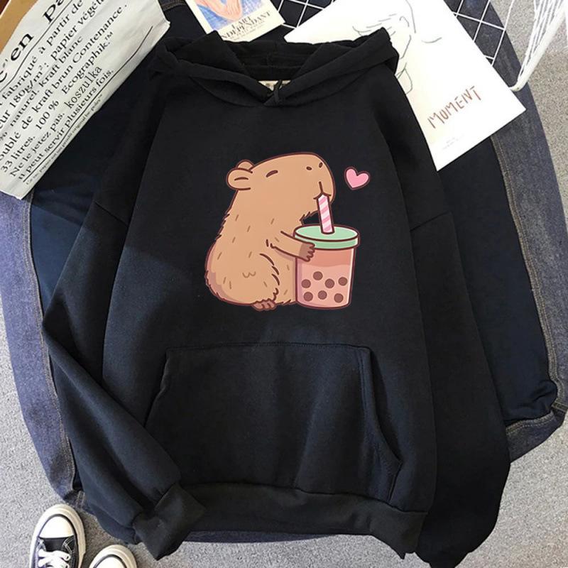 Ladies Spring Autumn Casual Hooded Long Sleeve Big Pocket Capybara Printed Pullover Hoodies Sweatshirt Top