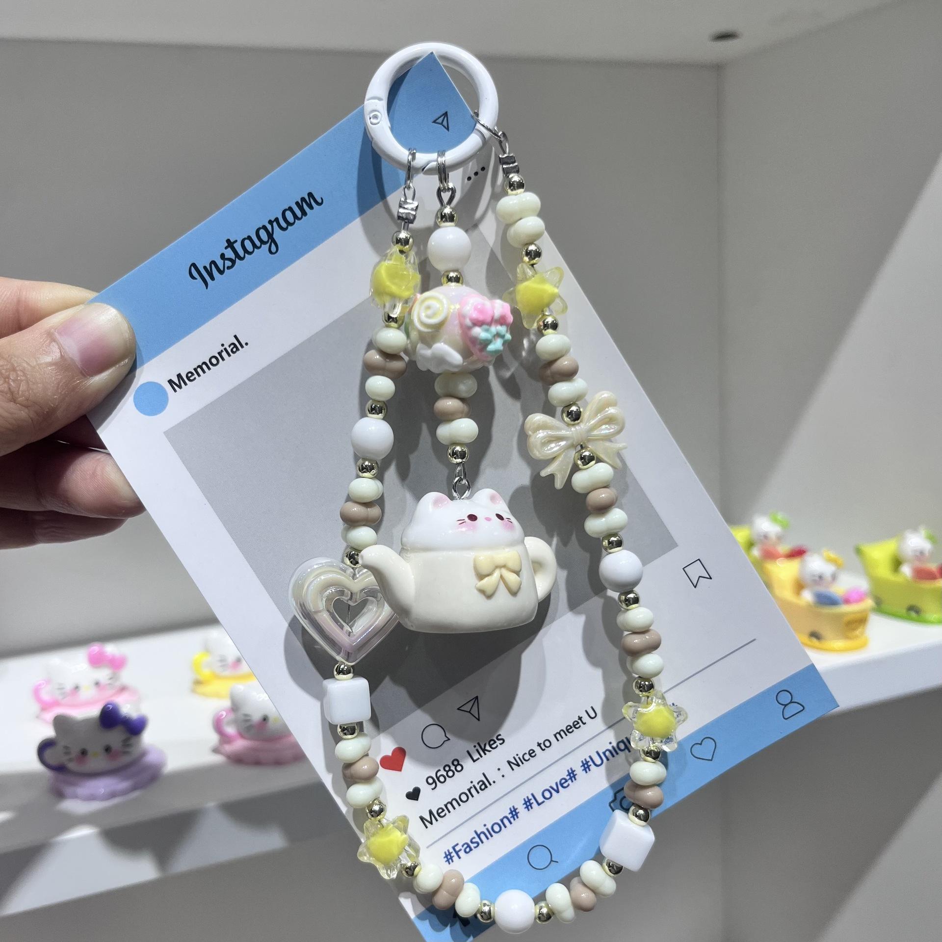 

Цепочка для мобильного телефона, Расписанная вручную бисерная цепочка для мобильного телефона из бисера-риса, Серия «Объятия», Подвеска-чайник белый