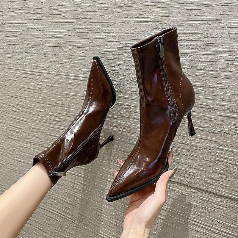 Short Boots Women's Autumn and Winter Elastic Skinny Boots Pointed Head Thin Heel High Heel Short Martin Boots Single Boots