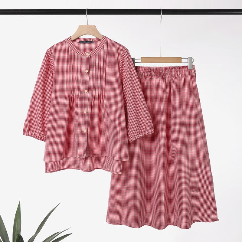 ZANZEA Women 3/4 Sleeve Blouse and Long Skirts Plaid Print Two Piece Suit Sets