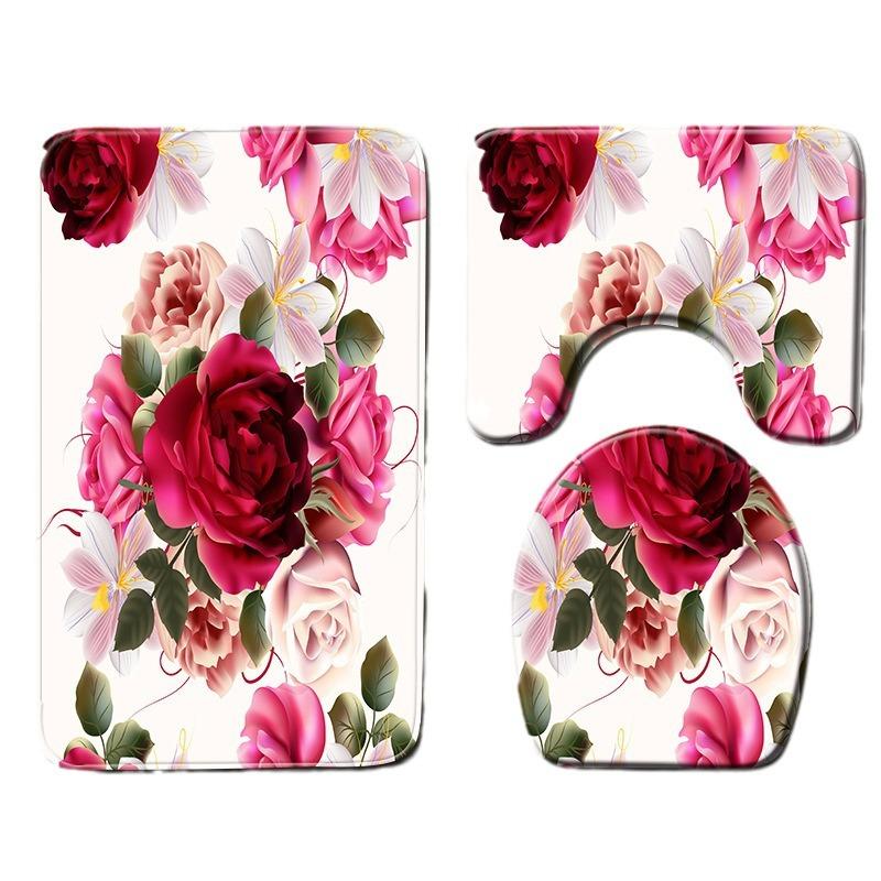Peony Toilet Three-Piece Bathroom Floor Mat Doormat Combination