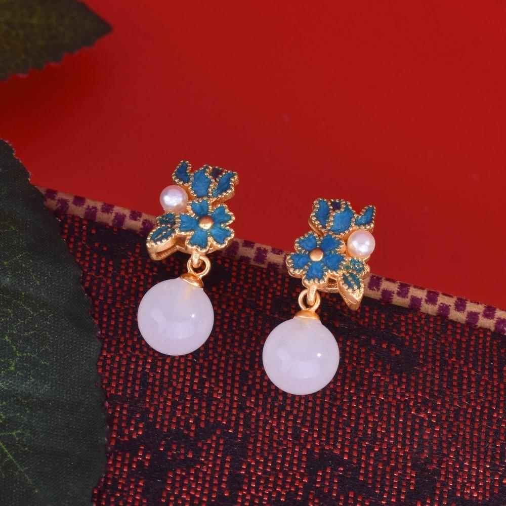Chinese Style Imitation Hetian Jade Earrings Women Vintage Enamel Round Bead Earrings Ancient Gold Craft