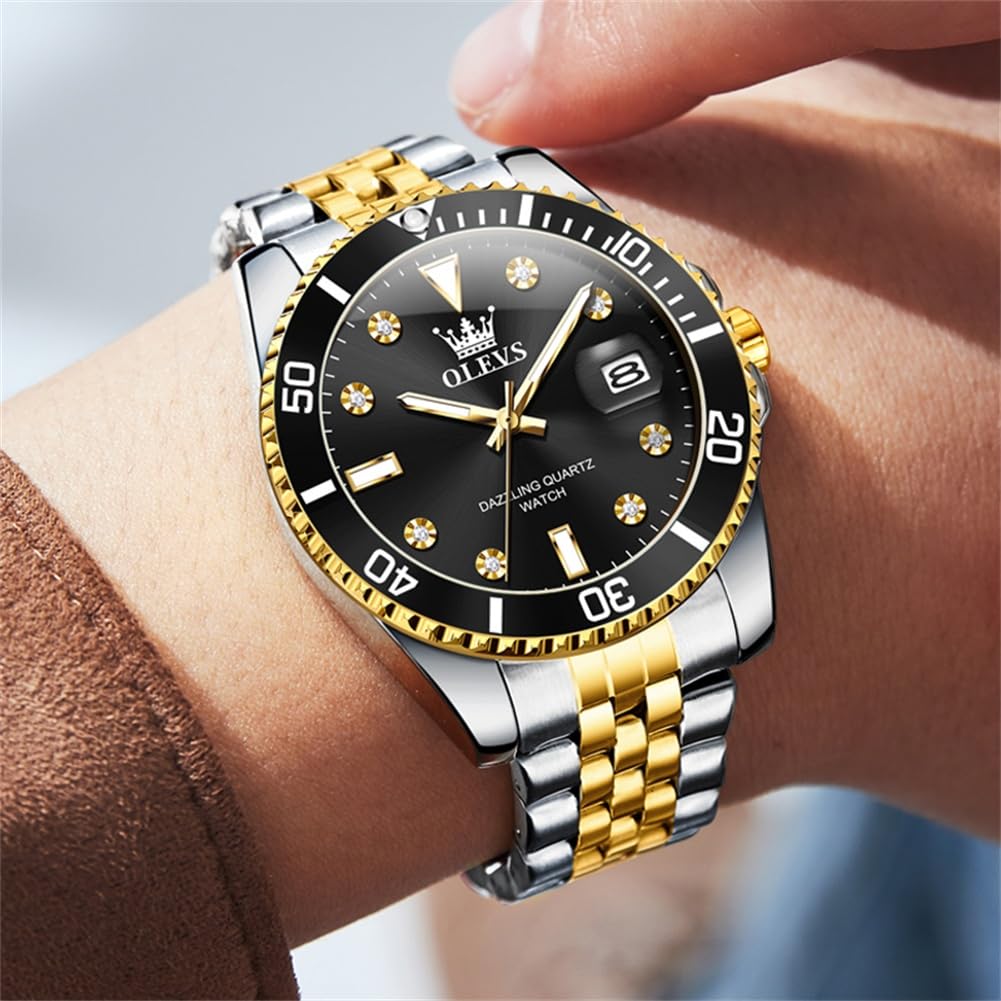 OLEVS Unidirectional Rotating Bezel Gold and Popular Waterproof Analog Quartz Black Stylish Stainless Steel Watch with Date Simple Large Perfect for