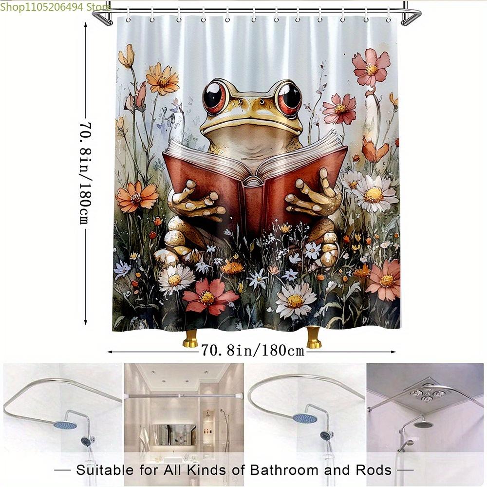 1 st nyckfull groda med bok på äng akvarell duschdraperi, med en antropomorf groda som håller en bok i en färgglad