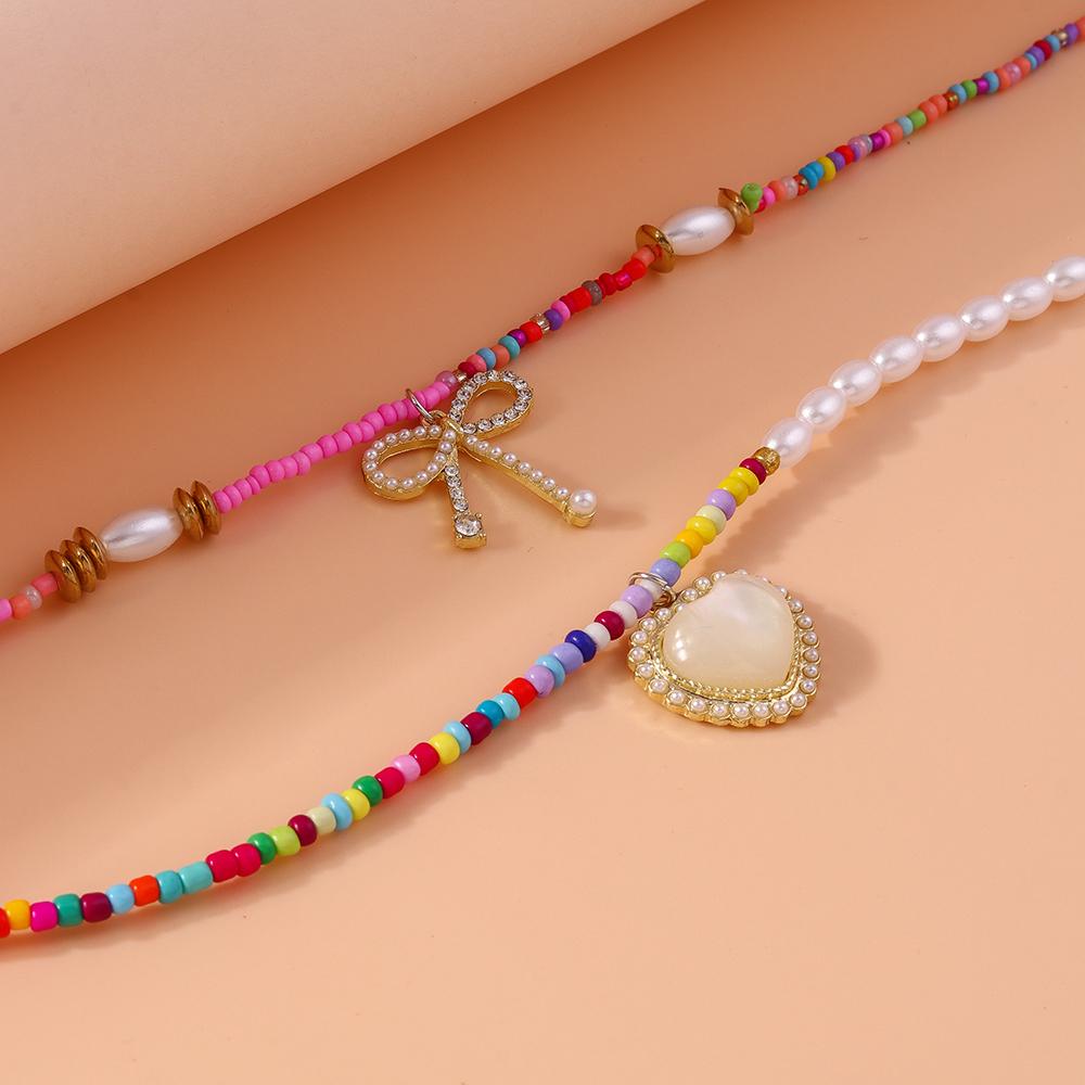 Pretty Handmade Colorful Beads Necklace for Women Crystal Heart Bowknot Pendants Necklaces Party Holiday Jewelry Gift