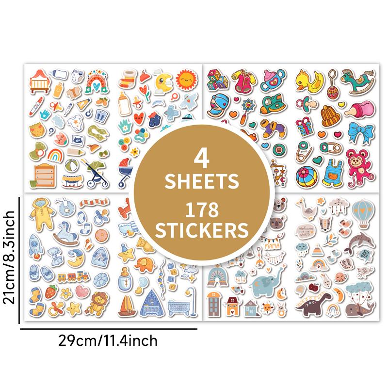 

4 Sheets 178PCS Kids Cute Stickers Vinyl Water Bottle Stickers Baby Growth Record Handbook Stickers Album Decoration Stickers