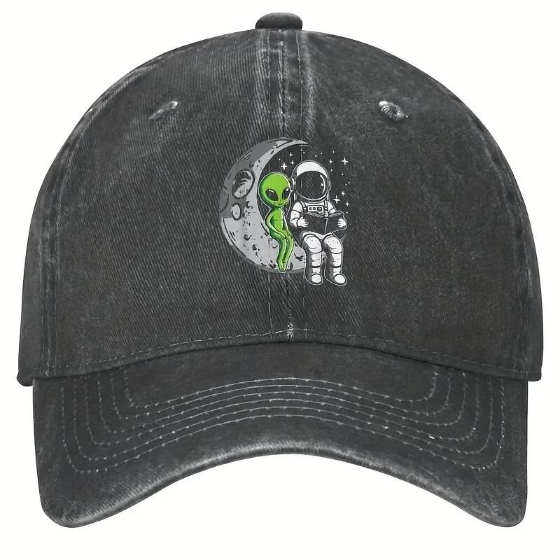 Alien and Astronaut Reading on Moon Vintage Denim Baseball Cap Adjustable Outdoor Sports Cap