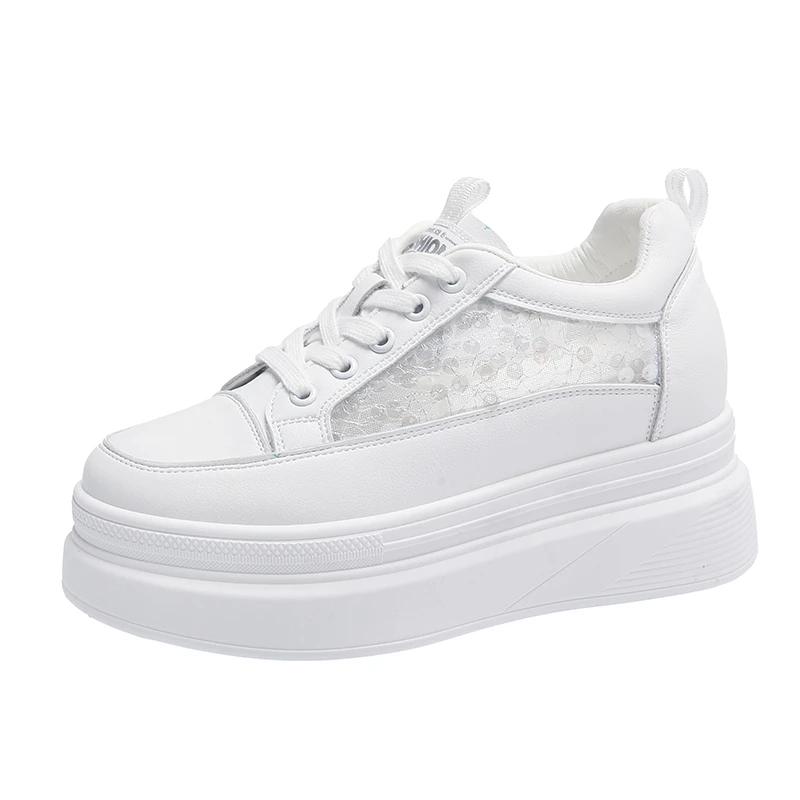 Fashion Mesh Hollowed Out Small White Shoes Summer Breathable Versatile Thick Soles with Raised Height Inside Women's Shoe Plus Size 40