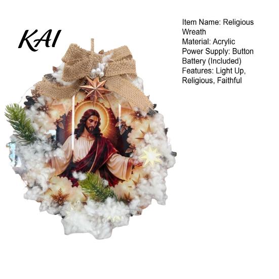 Religious Home Accents Pre-Lit Nativity Wreath, Battery Powered Lighted Hanging Wreath with Burlap Christmas Door Hanger Bow And Star for Front Door,