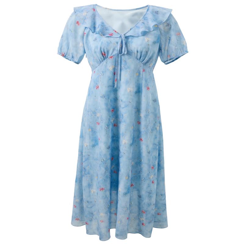 SANCAI Floral Ruffle V-Neck A-Line Chiffon Maxi Dress L 165/88A