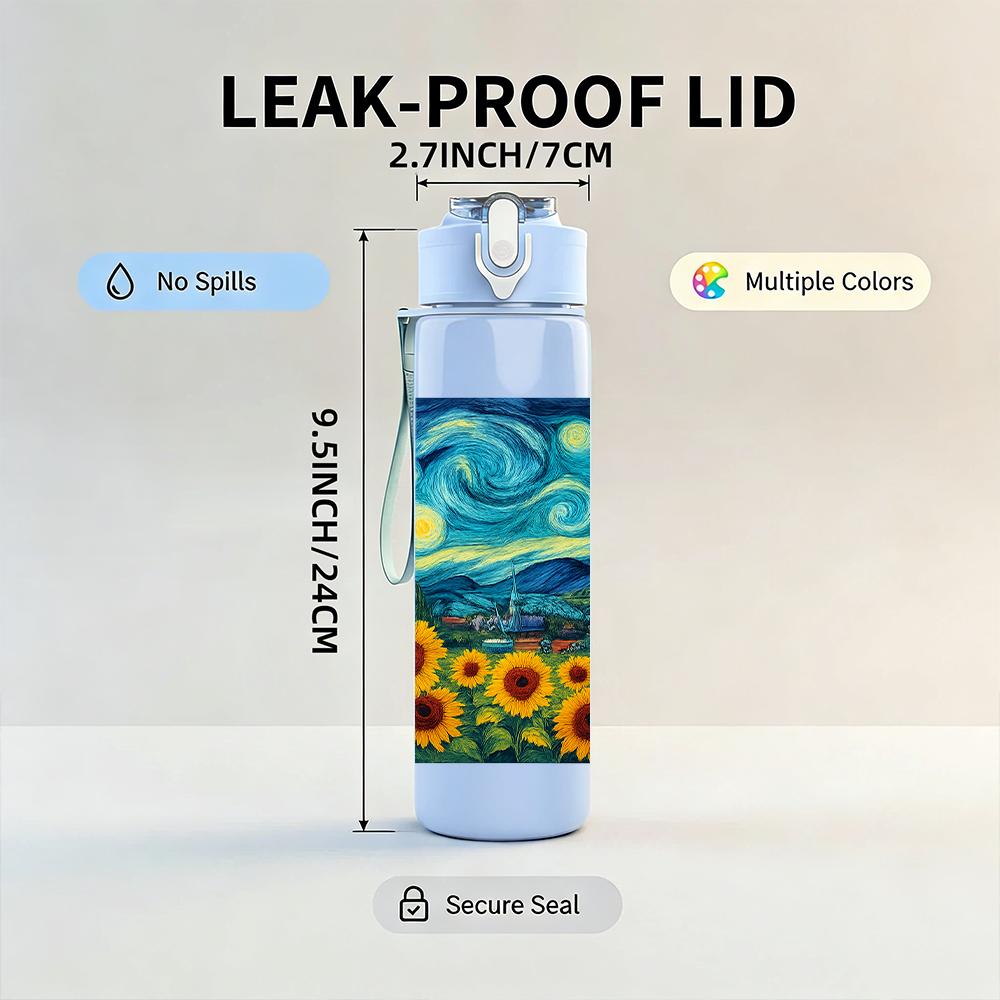1PC Sunflower Starry Night Art 750ml Color Plastic Sports Water Bottle Leakproof Flip Straw Lid For Sports Office Home Use