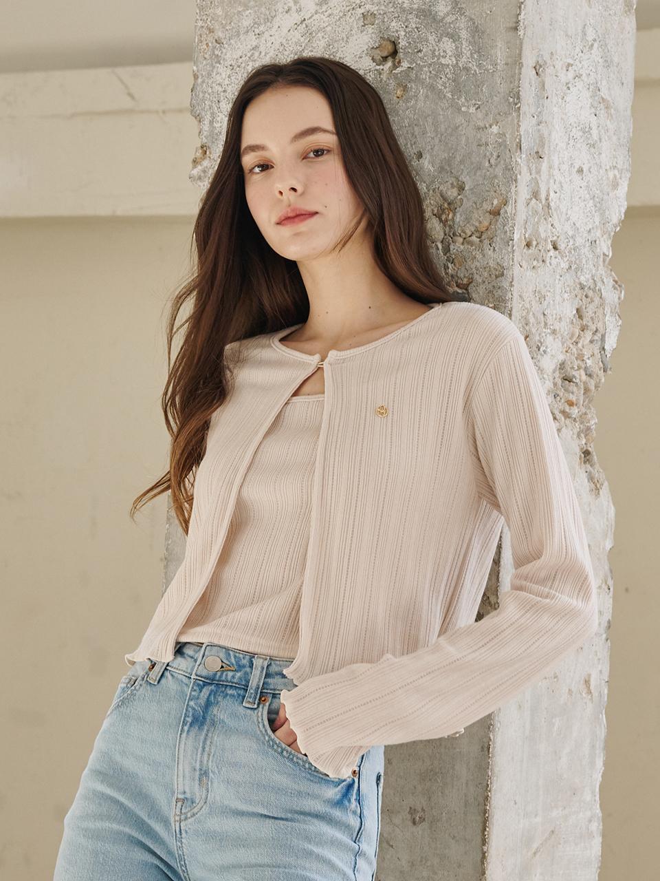 Nub Button Cardigan Sleeveless Set - Light Beige