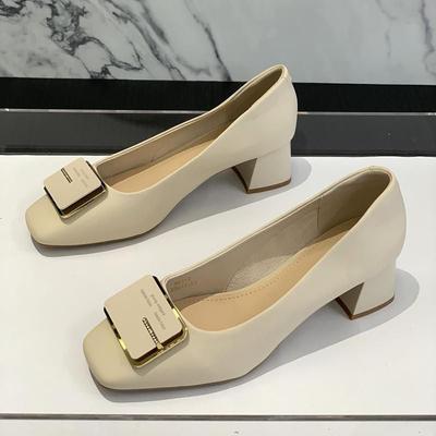 Leather Square Head High Heels French Versatile 2025 Autumn New Work Shoes Thick Heel Light Mouth Temperament Women's Shoes Single Shoes