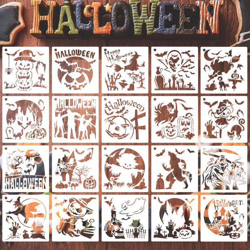 20 Pcs Halloween Stencils Set Reusable Plastic Drawing Spraying Templates for Greeting Cards for Halloween Crafts DIY Decoration