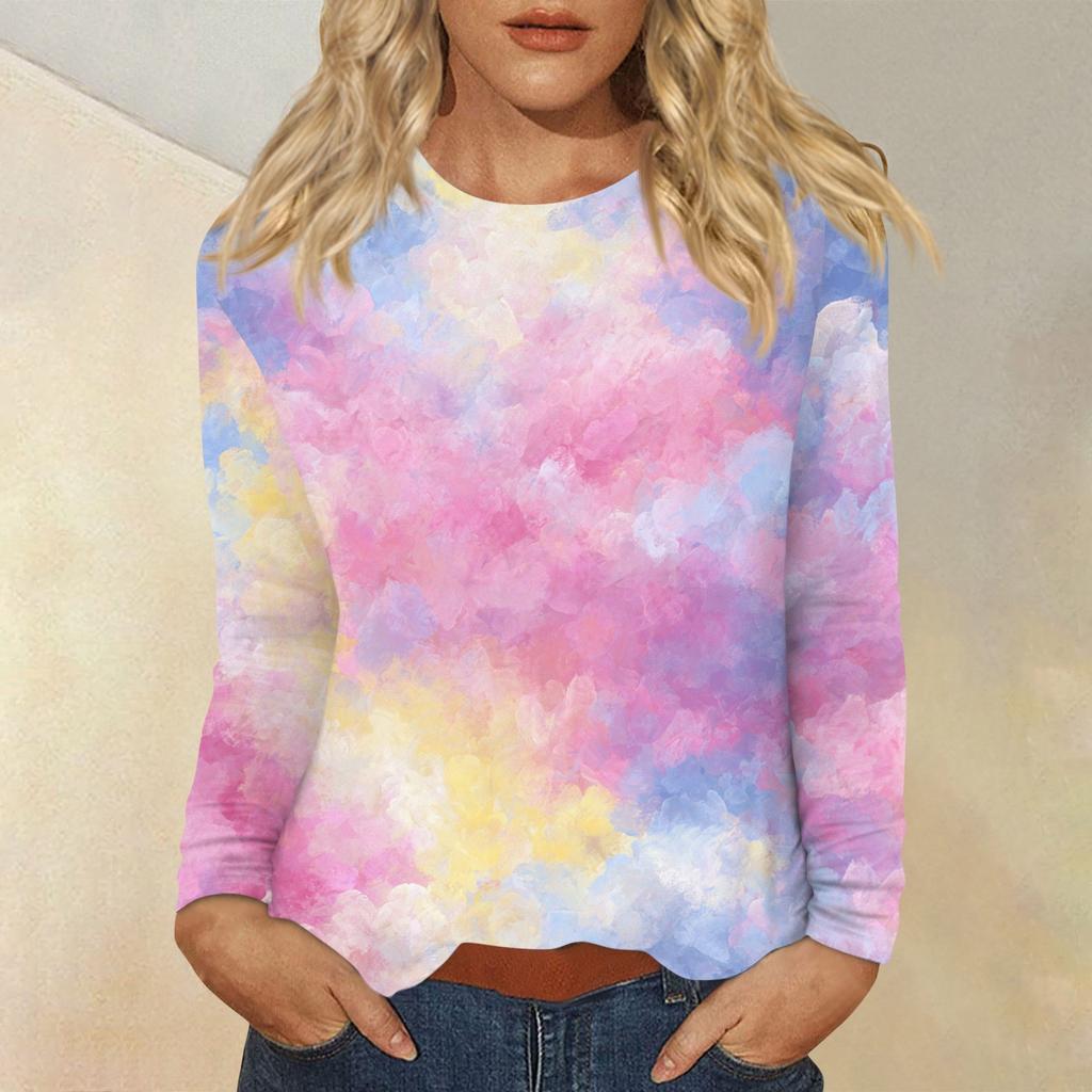 Dámský denní ležérní top s dlouhým rukávem a potiskem s kulatým výstřihem