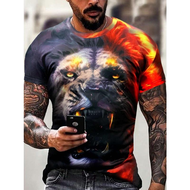 Letní tričko s kulatým výstřihem a 3D potiskem zvířecí hlavy, módní ležérní pánské tričko s krátkým rukávem